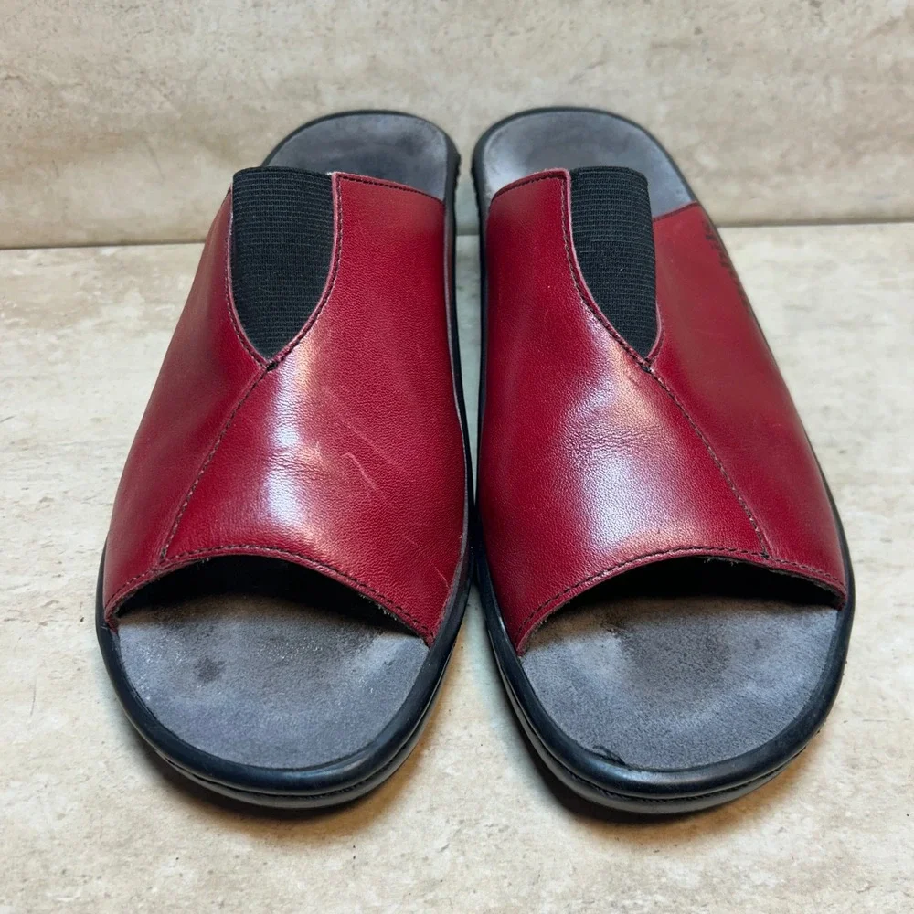 Mephisto Mobils Red Leather Wedge Slide Sandals Made in France Womens 38 US 8